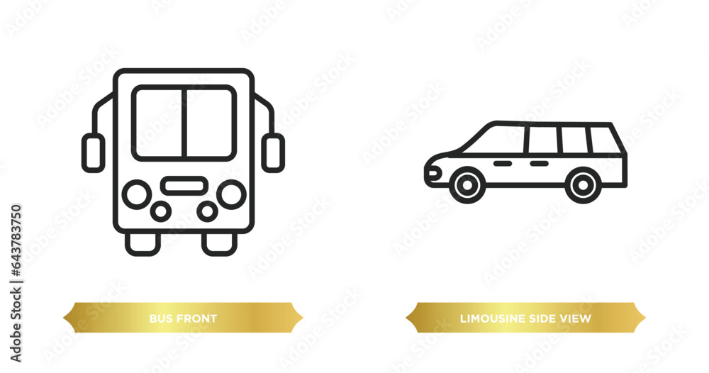 two editable outline icons from mechanicons concept. thin line icons such as bus front, limousine side view vector. two editable outline icons from mechanicons concept. thin line icons such as bus front, limousine side view vector.