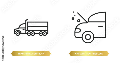 two editable outline icons from mechanicons concept. thin line icons such as transportation truck, car with heat problems vector.