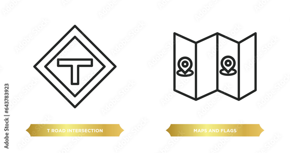two editable outline icons from maps and flags concept. thin line icons such as t road intersection, maps and flags vector. two editable outline icons from maps and flags concept. thin line icons such as t road intersection, maps and flags vector.