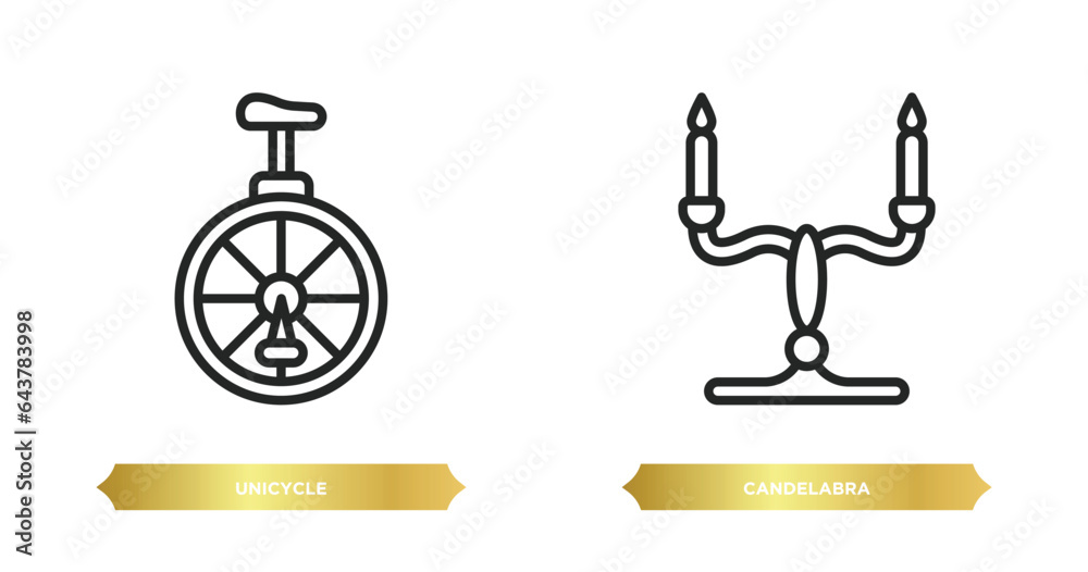 two editable outline icons from magic concept. thin line icons such as unicycle, candelabra vector. two editable outline icons from magic concept. thin line icons such as unicycle, candelabra vector.