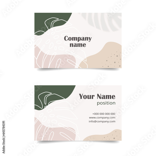 Abstract business card template with plants. Beige, green and white colors. Vector illustration.