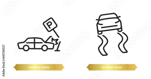two editable outline icons from insurance concept. thin line icons such as parking crash, slippery road vector.
