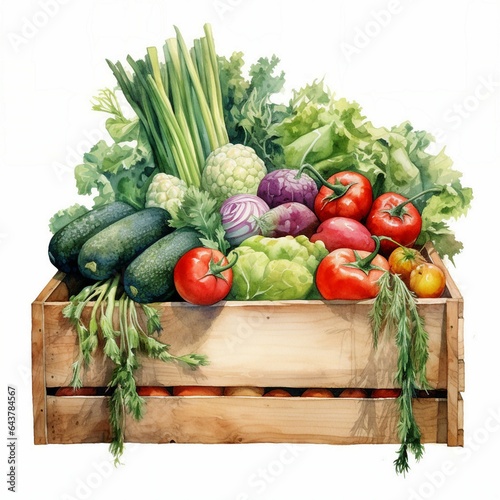 A vibrant watercolor painting showcasing a crate filled with colorful and fresh vegetables photo