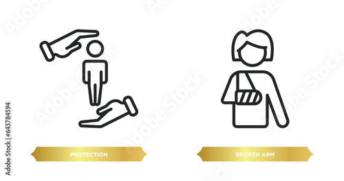 two editable outline icons from insurance concept. thin line icons such as protection, broken arm vector.