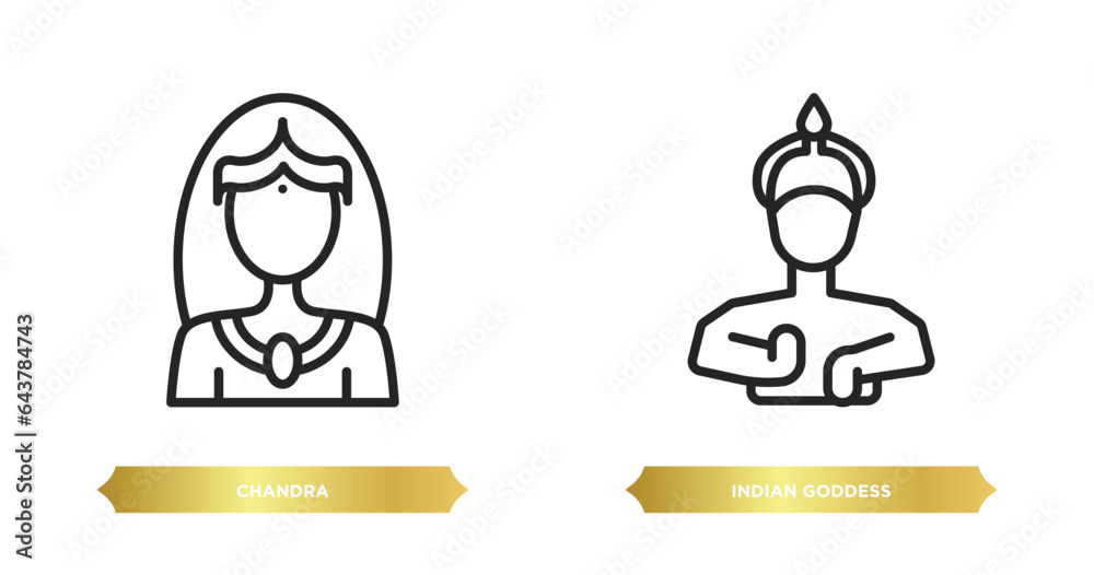 two editable outline icons from india concept. thin line icons such as chandra, indian goddess vector. two editable outline icons from india concept. thin line icons such as chandra, indian goddess vector.
