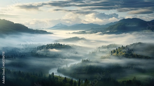  a painting of a valley with trees in the foreground and fog in the background. generative ai