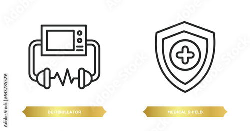 two editable outline icons from health and medical concept. thin line icons such as defibrillator, medical shield vector.