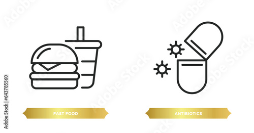 two editable outline icons from health and medical concept. thin line icons such as fast food, antibiotics vector.