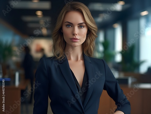 Professional businesswoman in a suit standing in an office