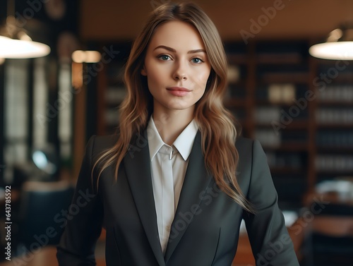 Professional businesswoman in a suit standing in an office