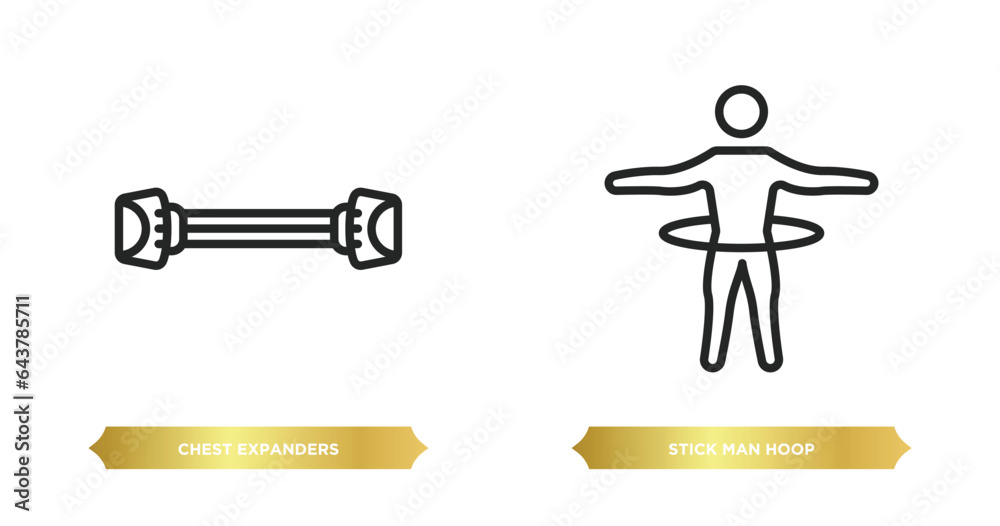 two editable outline icons from gym and fitness concept. thin line icons such as chest expanders, stick man hoop vector. two editable outline icons from gym and fitness concept. thin line icons such as chest expanders, stick man hoop vector.