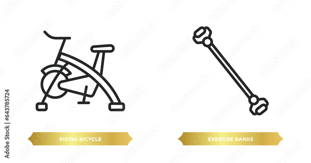 two editable outline icons from gym and fitness concept. thin line icons such as riding bicycle, exercise bands vector. two editable outline icons from gym and fitness concept. thin line icons such as riding bicycle, exercise bands vector.