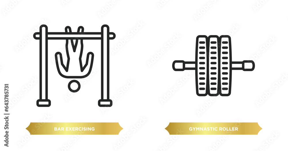 two editable outline icons from gym and fitness concept. thin line icons such as bar exercising, gymnastic roller vector. two editable outline icons from gym and fitness concept. thin line icons such as bar exercising, gymnastic roller vector.
