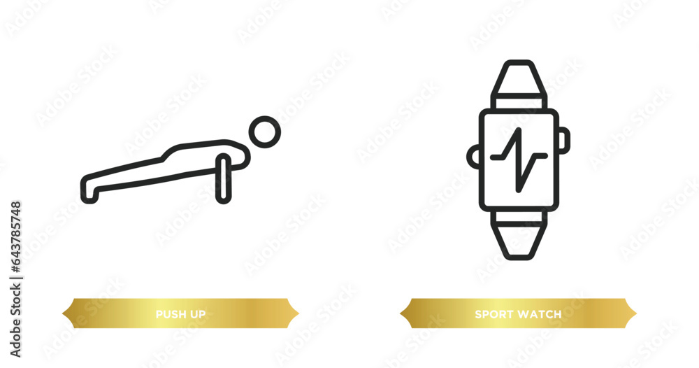 two editable outline icons from gym and fitness concept. thin line icons such as push up, sport watch vector. two editable outline icons from gym and fitness concept. thin line icons such as push up, sport watch vector.