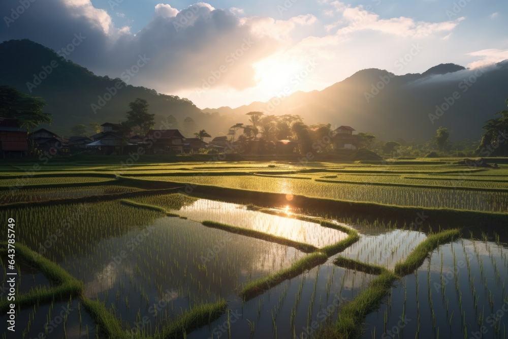Obraz premium sun rays illuminating vibrant rice fields