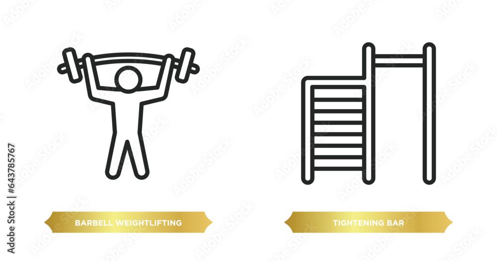 two editable outline icons from gym and fitness concept. thin line icons such as barbell weightlifting, tightening bar vector. two editable outline icons from gym and fitness concept. thin line icons such as barbell weightlifting, tightening bar vector.