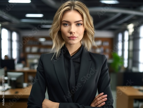 Professional businesswoman in a suit standing in an office
