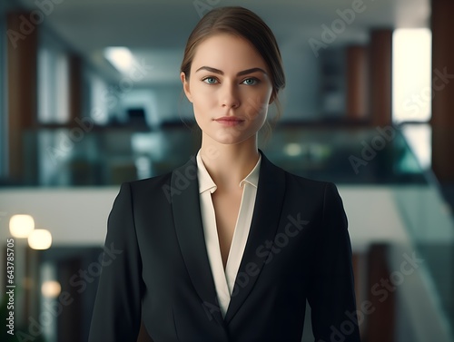 Professional businesswoman in a suit standing in an office