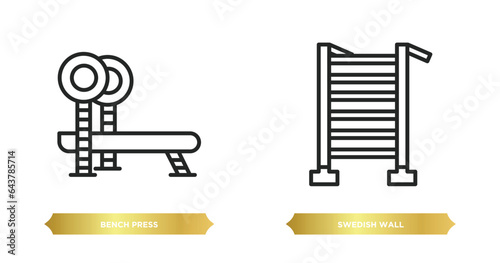 two editable outline icons from gym equipment concept. thin line icons such as bench press, swedish wall vector.