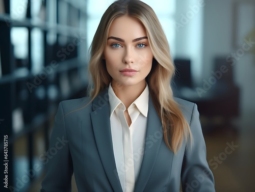 Professional businesswoman in a suit standing in an office