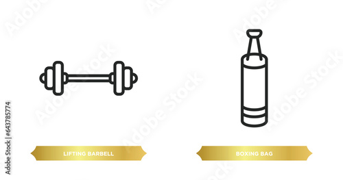 two editable outline icons from gym and fitness concept. thin line icons such as lifting barbell, boxing bag vector.