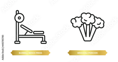 two editable outline icons from gym and fitness concept. thin line icons such as barbell bench press, broccoli porcion vector.