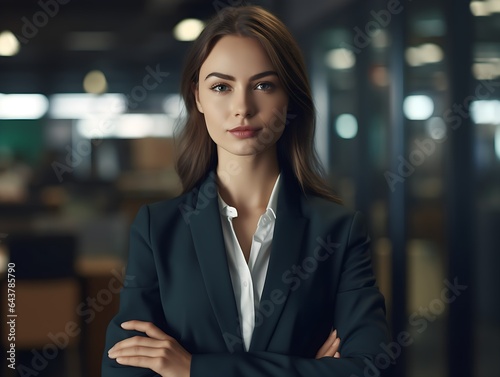 Professional businesswoman in a suit standing in an office
