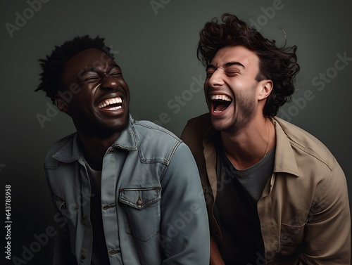 Two diverse best friends sharing laughter and enjoying each other's company in a studio