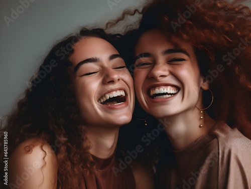Two diverse best friends sharing laughter and enjoying each other's company in a studio