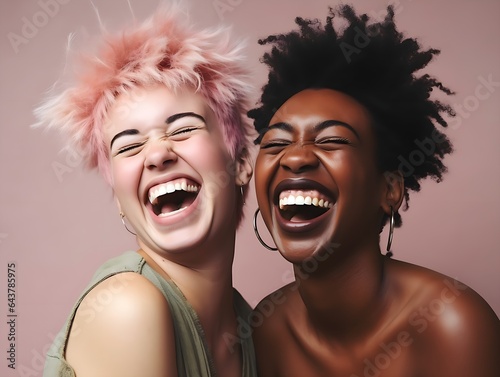 Two diverse best friends sharing laughter and enjoying each other's company in a studio