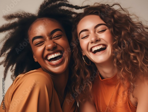 Two diverse best friends sharing laughter and enjoying each other's company in a studio