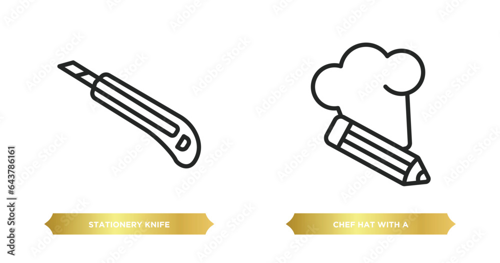 two editable outline icons from general concept. thin line icons such as stationery knife, chef hat with a pencil vector. two editable outline icons from general concept. thin line icons such as stationery knife, chef hat with a pencil vector.