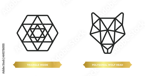 two editable outline icons from geometric figure concept. thin line icons such as triangle inside hexagon, polygonal wolf head vector.
