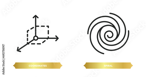 two editable outline icons from geometric figure concept. thin line icons such as coordinates, spiral vector.
