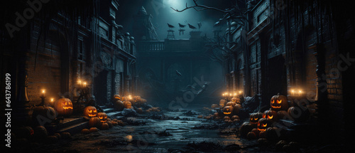 Halloween spooky background  scary pumpkins with smoke in old big creepy Happy Haloween ghosts horror house inside big empty foggy room. Creepy october dark smoky mysterious night backdrop concept.