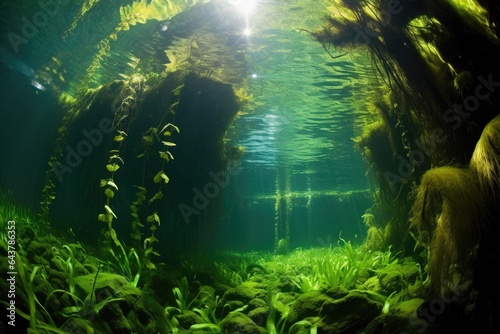 wide-angle underwater shot of lush aquatic vegetation