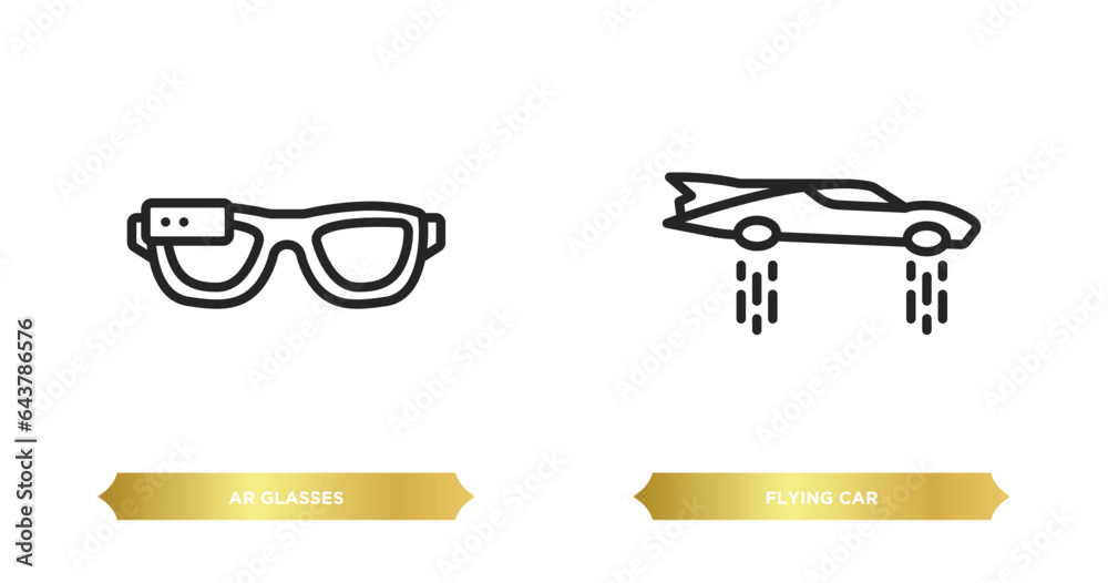 two editable outline icons from future technology concept. thin line icons such as ar glasses, flying car vector. two editable outline icons from future technology concept. thin line icons such as ar glasses, flying car vector.