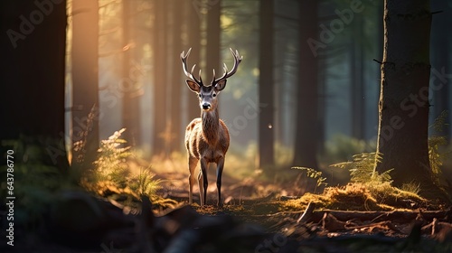 A large deer in a spruce forest at sunset. Wild animal in natural habitat. Nature background. Illustration for cover, card, postcard, interior design, decor or print.