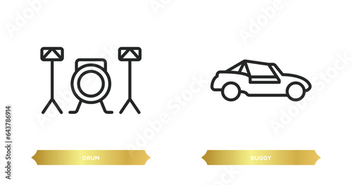 two editable outline icons from free time concept. thin line icons such as drum, buggy vector.