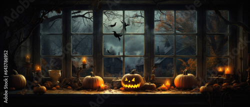 Happy Halloween background spooky scene, creepy dark night with jack o lantern pumpkins spooky ghosts horror gothic evil mysterious night haunted haloween house backdrop. photo