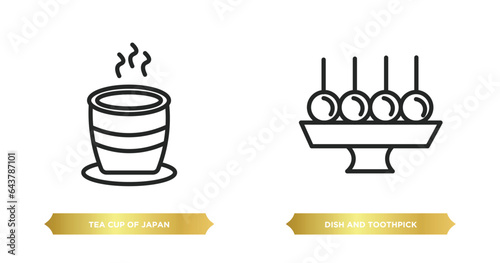 two editable outline icons from food concept. thin line icons such as tea cup of japan, dish and toothpick vector.