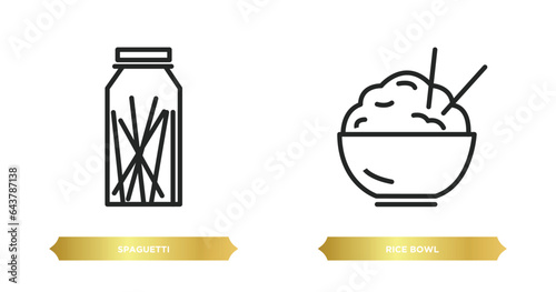 two editable outline icons from food concept. thin line icons such as spaguetti, rice bowl vector.