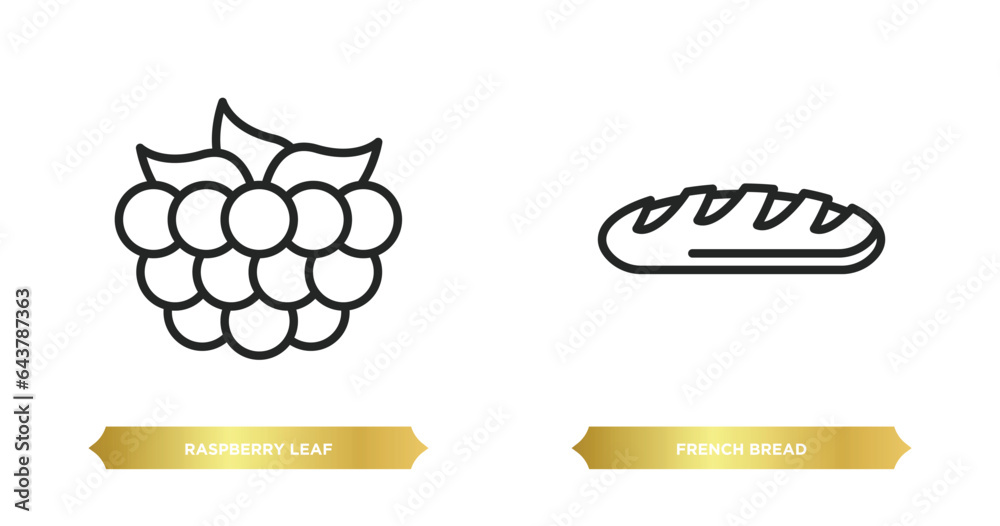 two editable outline icons from food concept. thin line icons such as raspberry leaf, french bread vector. two editable outline icons from food concept. thin line icons such as raspberry leaf, french bread vector.
