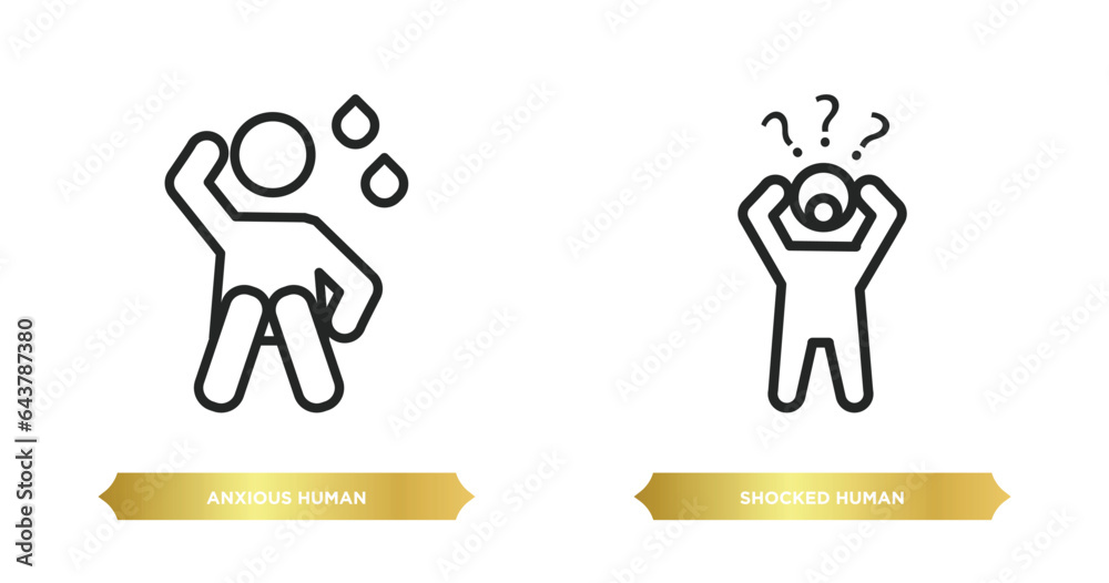 two editable outline icons from feelings concept. thin line icons such as anxious human, shocked human vector. two editable outline icons from feelings concept. thin line icons such as anxious human, shocked human vector.