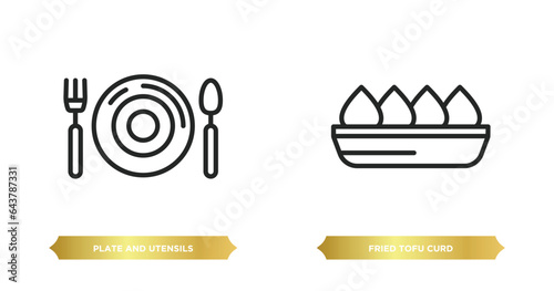 two editable outline icons from food concept. thin line icons such as plate and utensils, fried tofu curd balls vector.