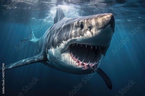 close-up of great white sharks eye and face during breach