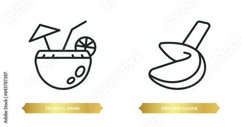 two editable outline icons from food concept. thin line icons such as tropical drink, fortune cookie vector.