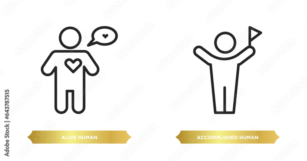 two editable outline icons from feelings concept. thin line icons such as alive human, accomplished human vector. two editable outline icons from feelings concept. thin line icons such as alive human, accomplished human vector.