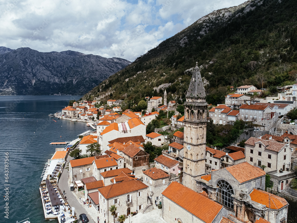 Drone view of the old town of Perast in the bay of Kotor, Montenegro.