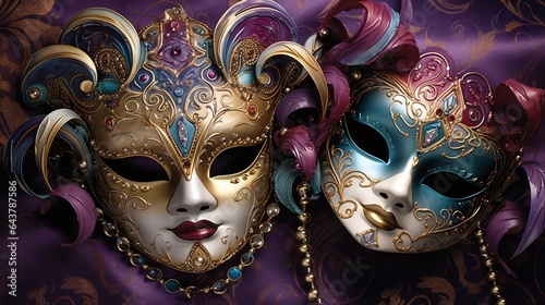  a couple of masquerade masks on a purple background. generative ai